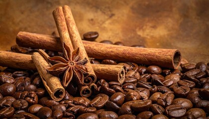 Aromatic Coffee Beans with Cinnamon and Star Anise on Textured Brown Backdrop