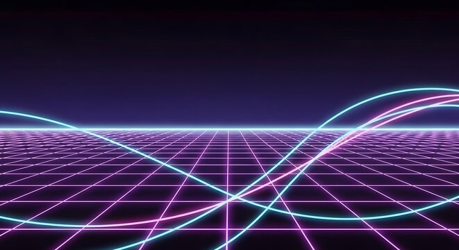 Abstract neon grid with flowing sine waves in futuristic digital landscape