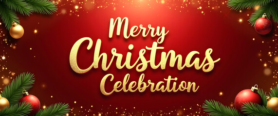Christmas background image featuring glowing gold “Merry Christmas Celebration” text, red festive lights, ornaments, pine leaves, and sparkling bokeh.
