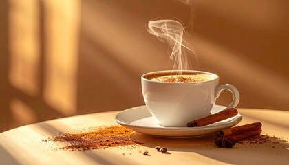 Aromatic Hot Coffee Cup with Steaming Vapor and Cinnamon Stick on Wooden Table in Warm Sunlight with Soft Focus Background