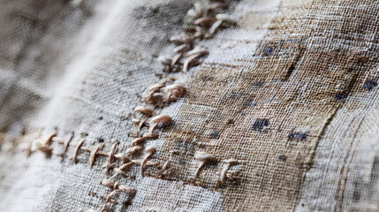 Detailed close-up of a textured, aged fabric or bark surface with visible stitching.