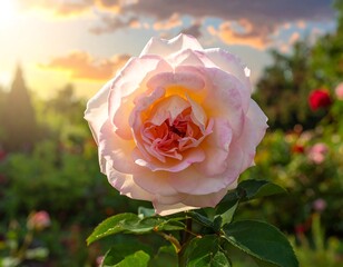 A delicate pink rose, fully bloomed, stands against a soft garden background and a sky lit by the setting sun