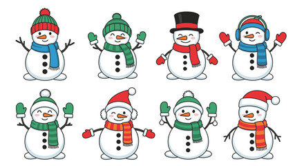 Collection of cartoon snowmen wearing hats and scarves.