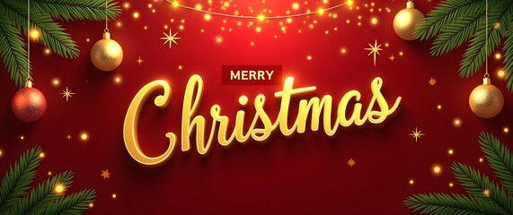 Christmas background image showing 3D golden &ldquo;Merry Christmas&rdquo; text on deep red backdrop with ornaments, stars, and glowing pine lights.

