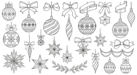 A collection of black and white line art illustrations of various Christmas ornaments and decorations.