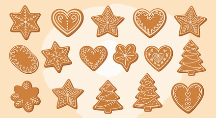 A collection of festive gingerbread cookies decorated with white icing in various shapes including stars, hearts, and Christmas trees.