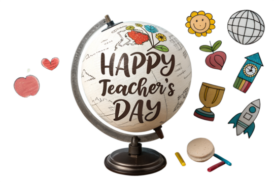 Happy Teacher’s Day Globe with School Icons – Rocket, Trophy, Crayons, Conceptual Celebration Scene