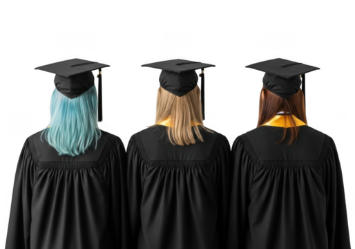 Three graduates wearing black gowns and square academic caps, viewed from behind