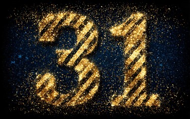 Golden glitter number thirty-one sparkling on a shimmering dark blue texture