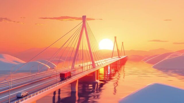 3d isometric low poly clay illustration of a bridge view during sunset light Videos