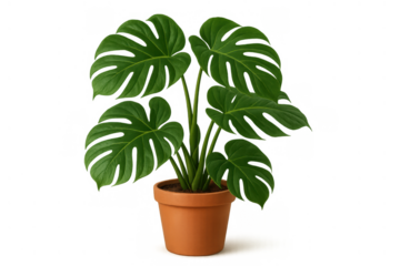 Monstera deliciosa swiss cheese plant in a terracotta pot houseplant with green leaves on transparent background