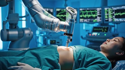 Robotic surgery in modern operating room with patient and medical monitors - Powered by Adobe