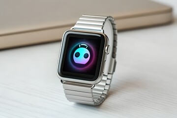 Smartwatch with Robot Icon on Wooden Surface – Metallic Band, AI Interface Concept, Modern Tech Scene