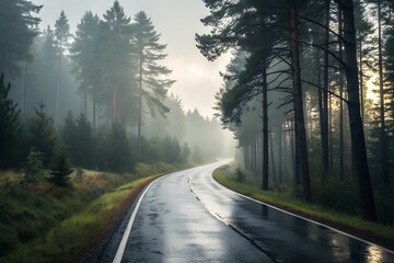 Winding Forest Road in Misty Pine Landscape – Wet Asphalt, Moody Nature Scene, Conceptual