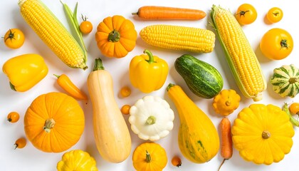 Vibrant yellow and orange vegetable flat lay on white. Fresh autumn harvest mix with pumpkin, corn, and squash. Perfect for healthy food, vegan, or diet concepts.