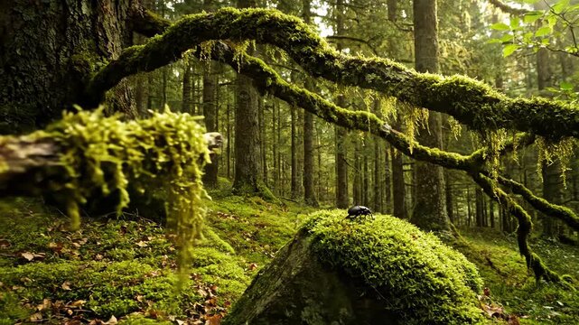 Lush green forest scene moss covered trees and branches nature landscape