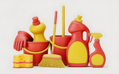 Cleaning tools in 3d render with bottles, buckets, sponge, gloves, mop, brush and sprays on clear background