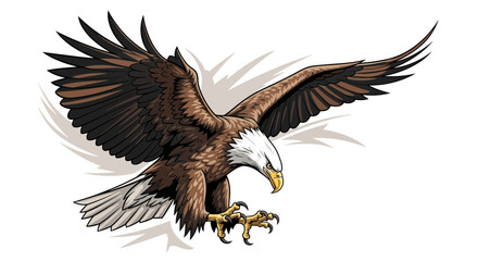 Majestic bald eagle in flight, wings spread, diving downwards with intent.