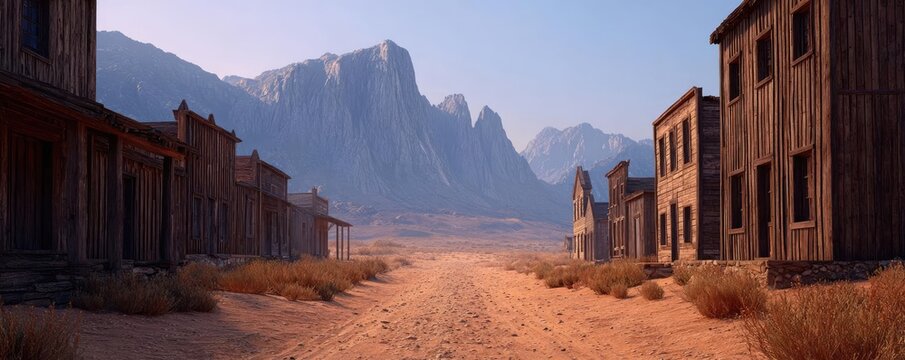 Empty street in old wild west wooden town concept. Deserted western town with rustic buildings and mountains backdrop.