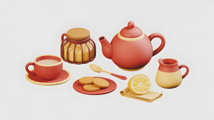 Tea set with teapot, cup, saucer, plate, honey, lemon, spoon, and cookies in 3d render on a plain background