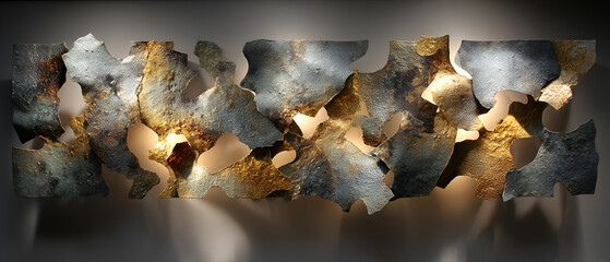 Unique Metal Wall Art with Golden Accents and Soft Lighting