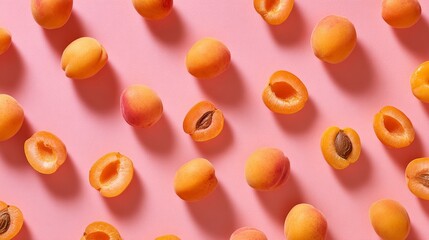 apricots scattered on a pastel pink background