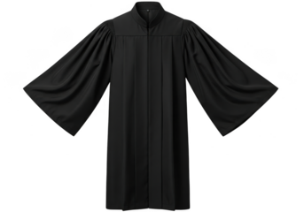 A black academic graduation gown with wide bell sleeves and a zippered front, isolated on a transparent background