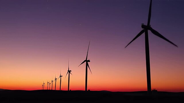 Majestic wind turbines silhouetted against a vibrant sunset sky, embodying the promise of clean, renewable energy and a sustainable future for power generation