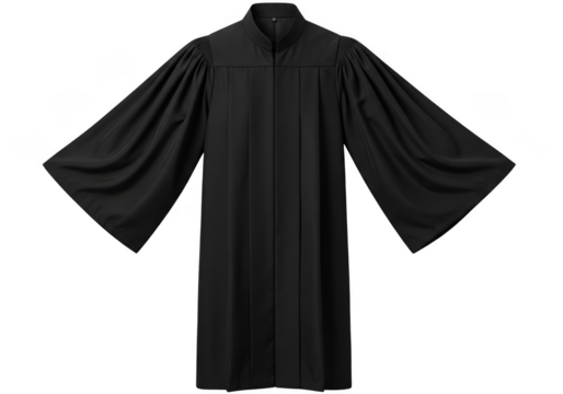 A black academic graduation gown with wide bell sleeves and a zippered front, isolated on a transparent background