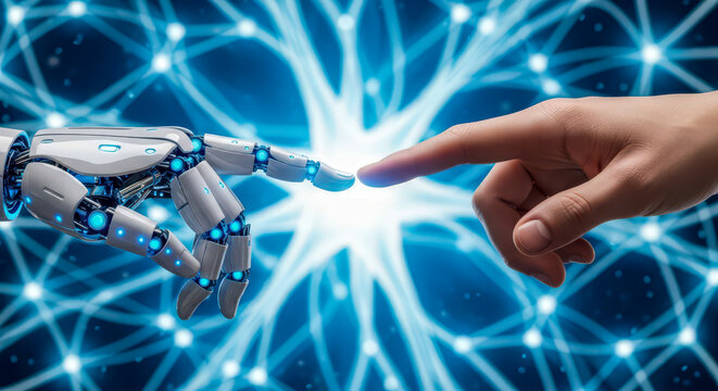 Artificial intelligence and humanity connection concept with robot and human hand touching, representing future of technology, partnership and digital transformation on neural network background - Powered by Adobe