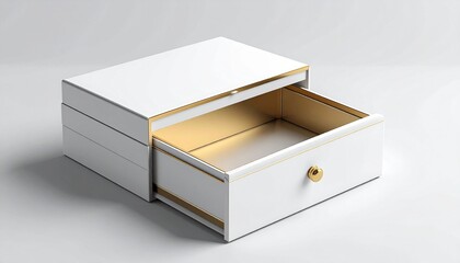 Elegant white storage box with a luxurious golden interior and a partially open drawer, perfect for sophisticated organization of cherished items in a refined setting