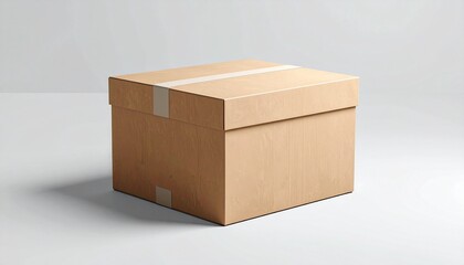 A single, isolated cardboard box, sealed with packaging tape, sits on a clean grey surface, ready for shipping, delivery, or secure storage of items