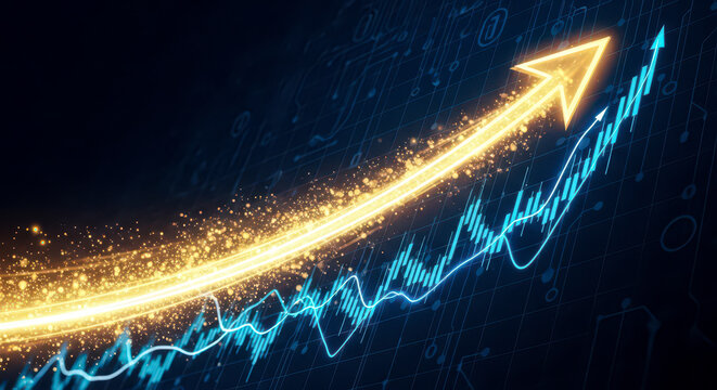 Business growth and success concept with glowing arrow on financial chart, stock market investment and profit increase for corporate development and progress
