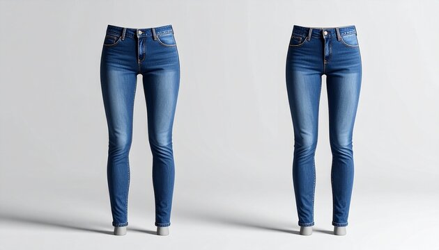 Blue denim jeans on mannequins, showing a slim fit style with a classic high-waisted design, perfect for casual or smart-casual wear