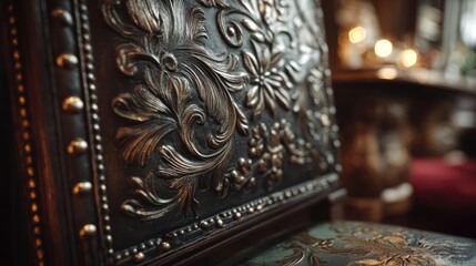 Fancy embossed leather with western floral design concept. Intricate woodwork detail showcasing ornate chair craftsmanship.