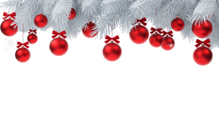 Festive Christmas cheer, with red ornaments dangling from snow-kissed branches