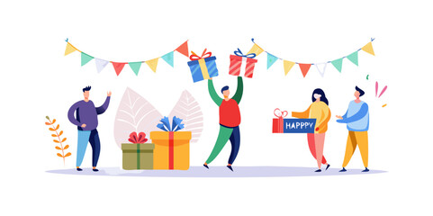 Happy tiny people celebrating holiday with gift and garland. Man giving present with congratulations flat vector illustration. Celebration, event concept for banner, website design or landing web page