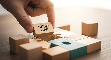 Hand placing a puzzle piece labeled future plan