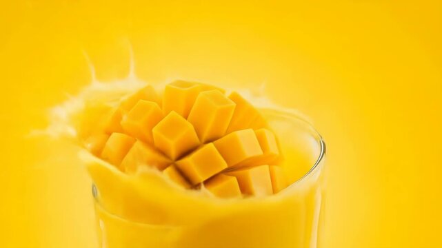 Diced mango splash, yellow background