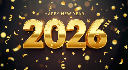 Happy New Year 2026, golden 3D text, confetti, celebration background, shiny numbers, festive holiday, luxury greeting card, black backdrop, sparkle
