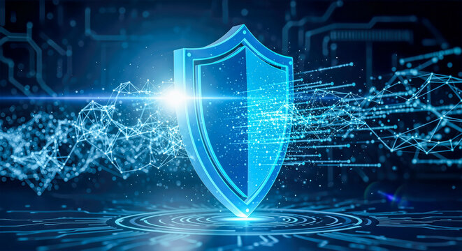 Cybersecurity concept, blue digital shield, network protection, data security, internet safety, technology background, virtual private access, abstract plexus