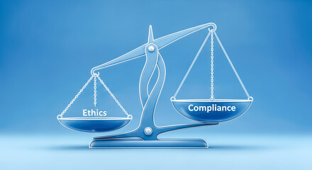 Business ethics and compliance concept with scales of justice balancing ethical decisions and corporate legal regulation on a solid blue background