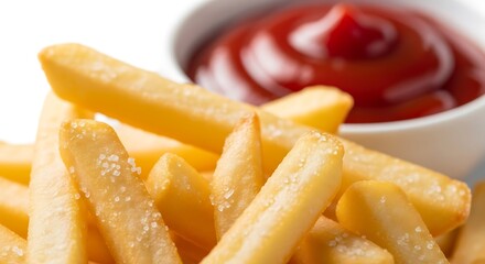 Crispy golden french fries piled high, served with a side of rich red ketchup