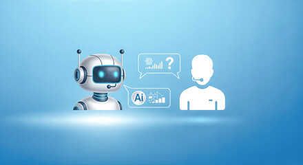 AI chatbot concept, customer service, robot support, virtual assistant, human user icon, communication help, future technology, blue background