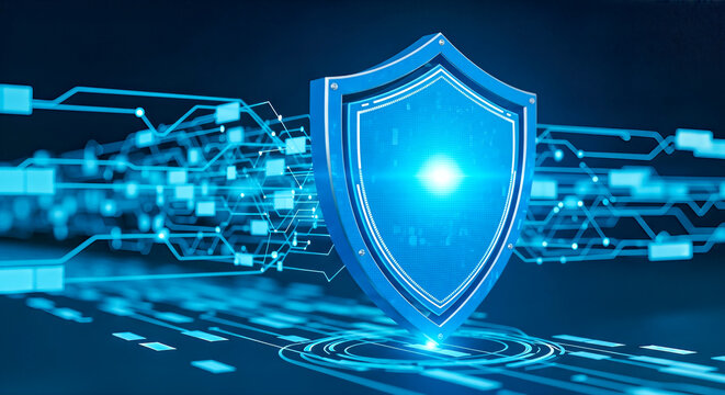 Cybersecurity concept, blue digital shield, network protection, data security, internet safety, technology background, virtual private access, abstract circuit