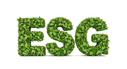 ESG concept, text from green leaves, environmental, social, governance, sustainable business, eco friendly, isolated on white background, 3D render