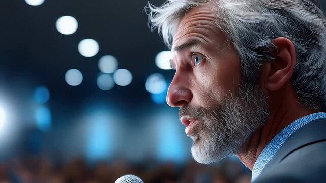 Man speaking at a conference microphone illuminated stage