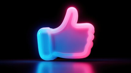 3D neon pink and blue thumbs-up icon glowing on black background