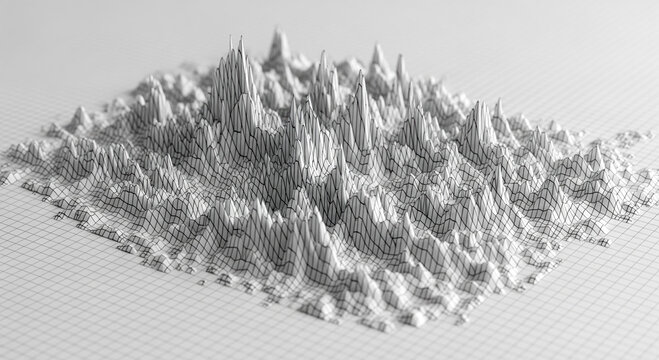 Abstract data landscape in wireframe style on digital grid, technology background for big data visualization and scientific research analysis showing information peaks