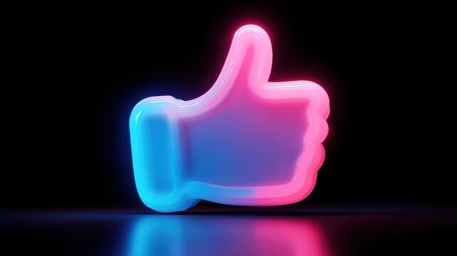 3D neon pink and blue thumbs-up icon glowing on black background